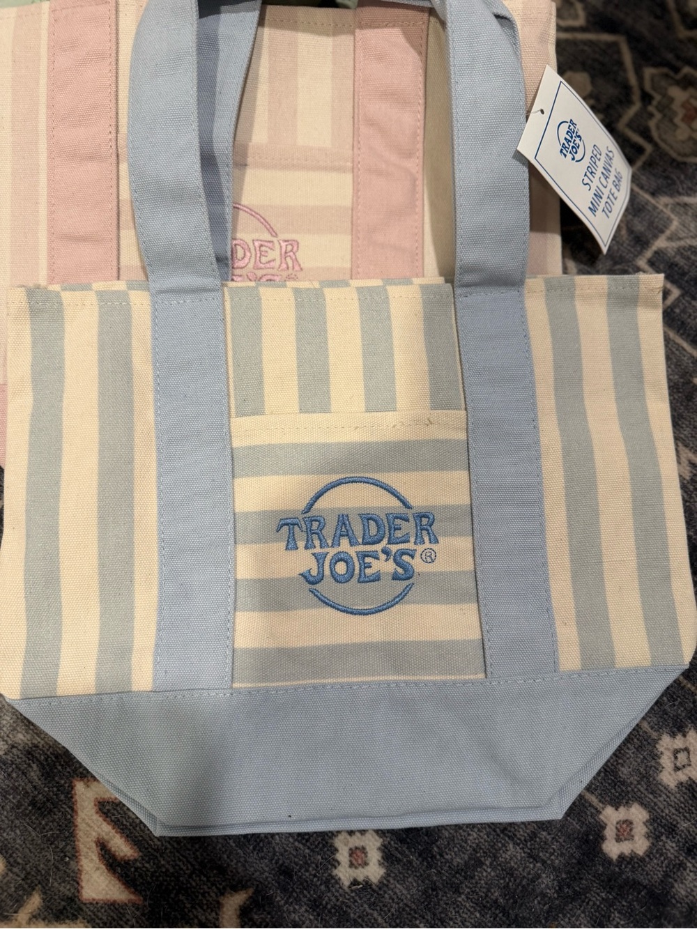 Trader Joe's Blue and Cream Striped Canvas Tote